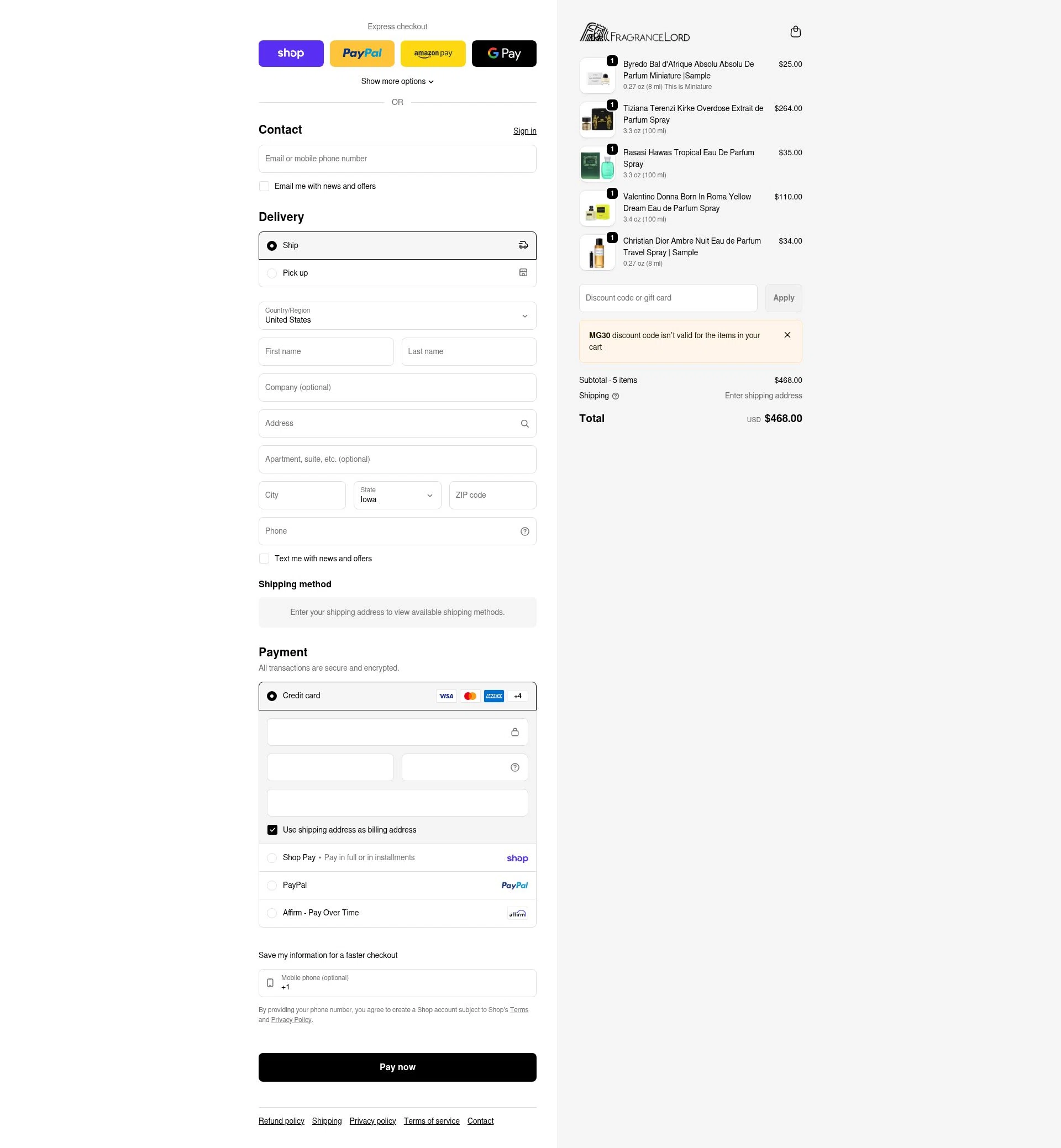 Fragrancelord.com checkout page showing Fragrancelord.com promo code box | Screenshot taken by SimplyCodes community member on Feb 12, 2026