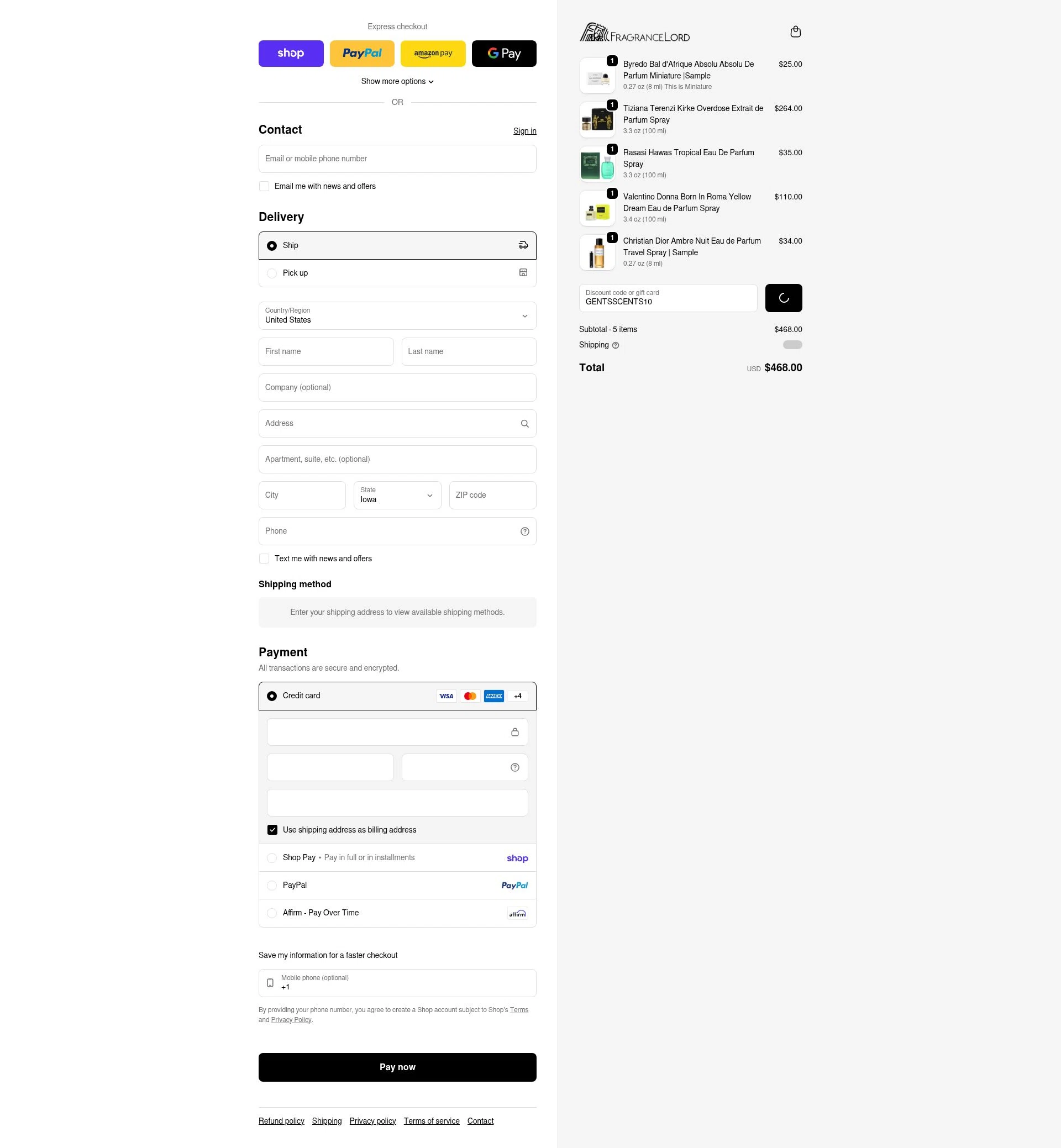 Fragrancelord.com checkout page showing Fragrancelord.com promo code box | Screenshot taken by SimplyCodes community member on Feb 16, 2026