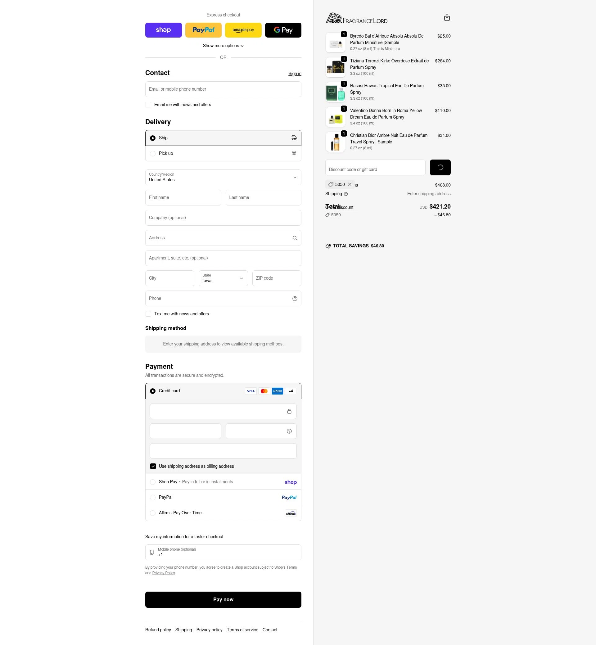 Fragrancelord.com checkout page showing Fragrancelord.com promo code box | Screenshot taken by SimplyCodes community member on Feb 12, 2026