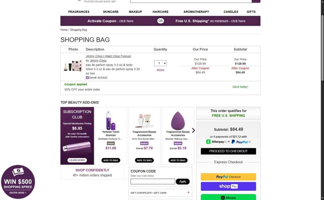 FragranceNet.com checkout page showing FragranceNet.com coupon code box | Screenshot taken by SimplyCodes community member on Aug 13, 2025