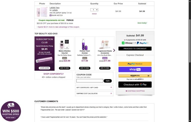 FragranceNet.com checkout page showing FragranceNet.com coupon code box | Screenshot taken by SimplyCodes community member on Aug 23, 2025
