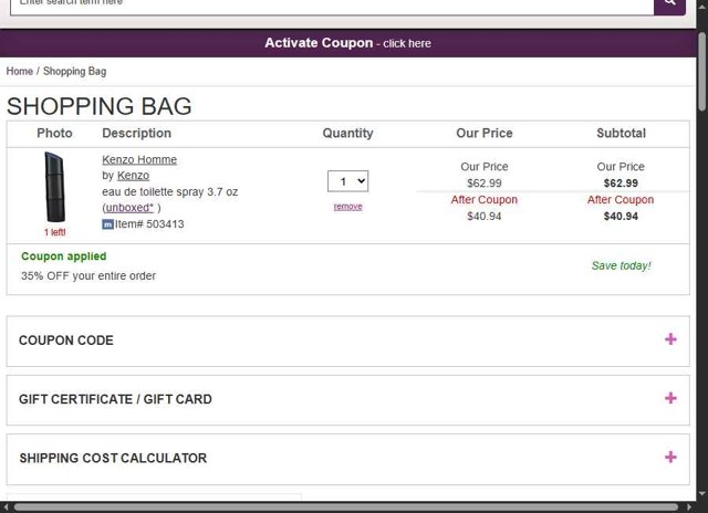 FragranceNet.com checkout page showing FragranceNet.com coupon code box | Screenshot taken by SimplyCodes community member on Aug 19, 2025