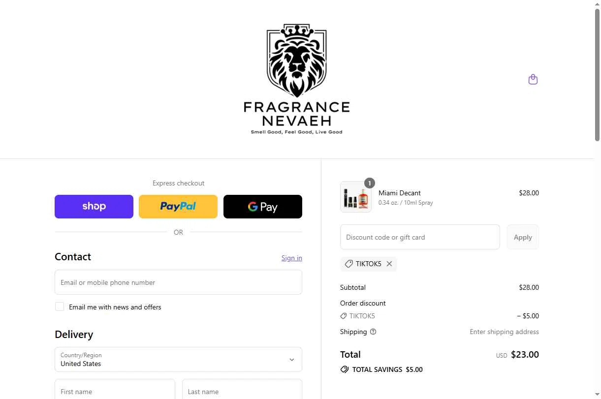 Fragrance Nevaeh checkout page showing Fragrance Nevaeh discount code box | Screenshot taken by SimplyCodes community member on Sep 13, 2025