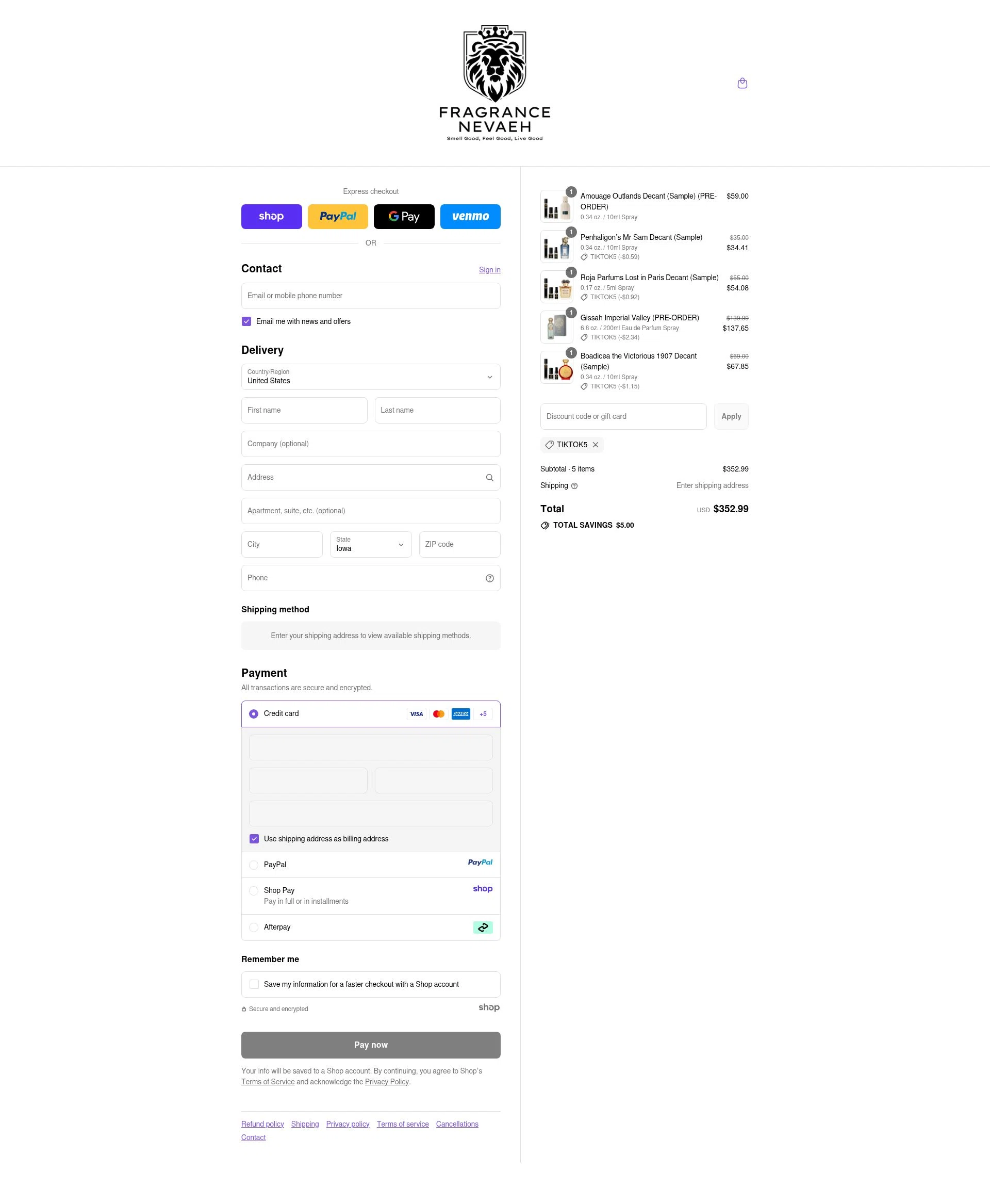 Fragrance Nevaeh checkout page showing Fragrance Nevaeh discount code box | Screenshot taken by SimplyCodes community member on Sep 15, 2025