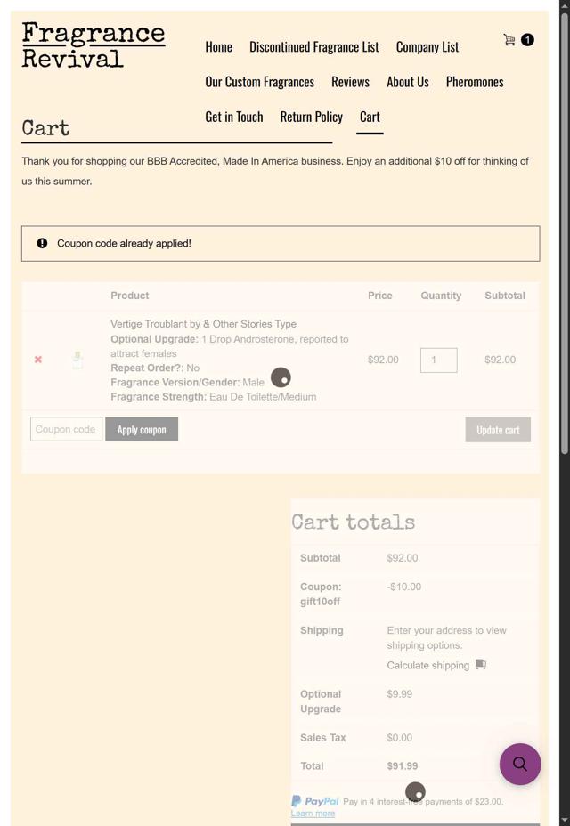 Fragrance Revival checkout page showing Fragrance Revival coupon code box | Screenshot taken by SimplyCodes community member on Jul 23, 2025