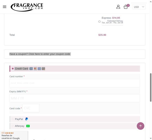 FragranceShop.com checkout page showing FragranceShop.com coupon code box | Screenshot taken by SimplyCodes community member on Jun 19, 2025