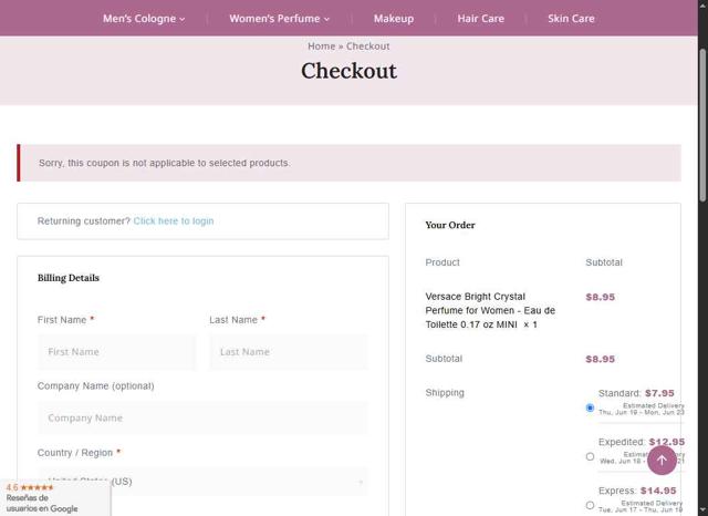 FragranceShop.com checkout page showing FragranceShop.com coupon code box | Screenshot taken by SimplyCodes community member on Jun 13, 2025