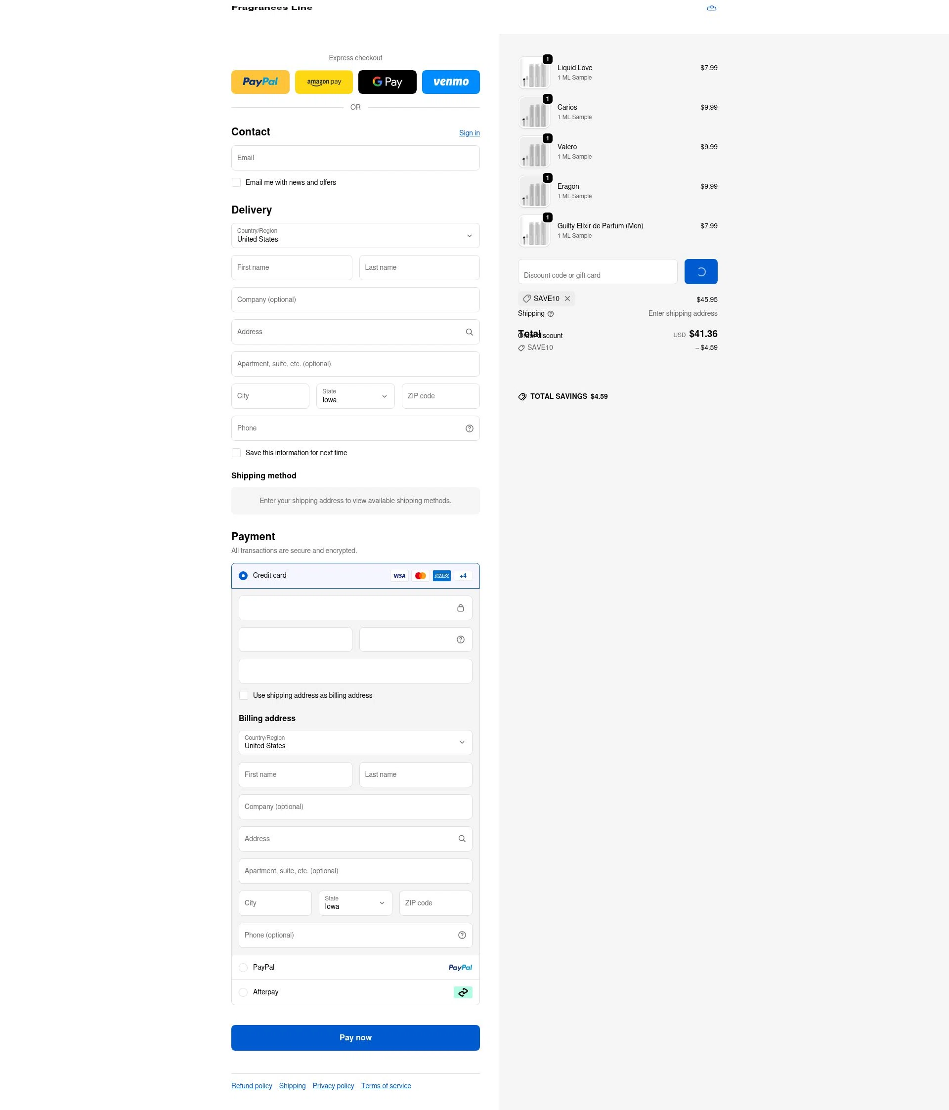 Fragrances Line checkout page showing Fragrances Line discount code box | Screenshot taken by SimplyCodes community member on Feb 14, 2026