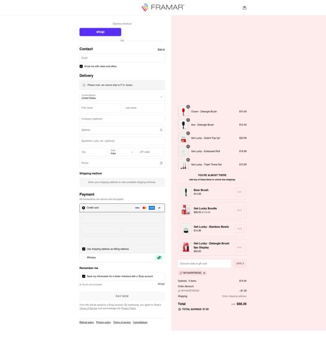 Framar checkout page showing Framar discount code box | Screenshot taken by SimplyCodes community member on Sep 12, 2025