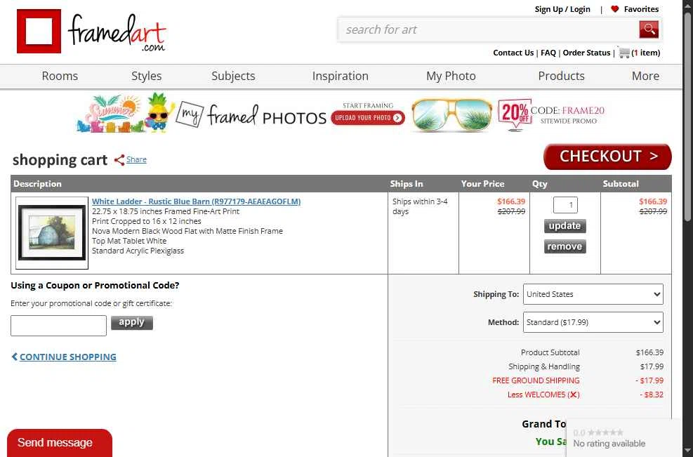FramedArt.com checkout page showing FramedArt.com coupon code box | Screenshot taken by SimplyCodes community member on Aug 10, 2025