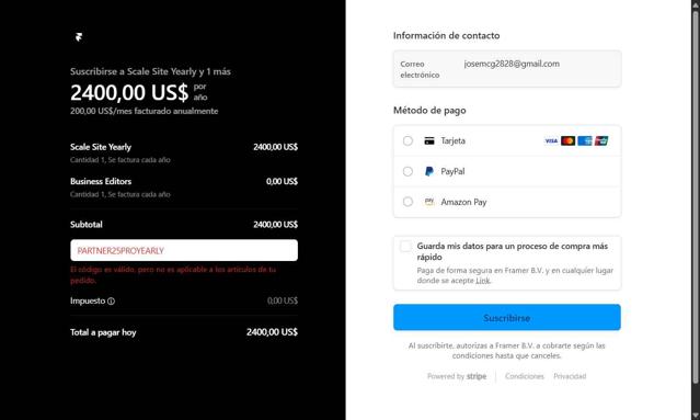 Framer checkout page showing Framer promo code box | Screenshot taken by SimplyCodes community member on Aug 29, 2025