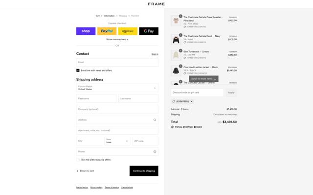 Frame checkout page showing Frame promo code box | Screenshot taken by SimplyCodes community member on Sep 12, 2025