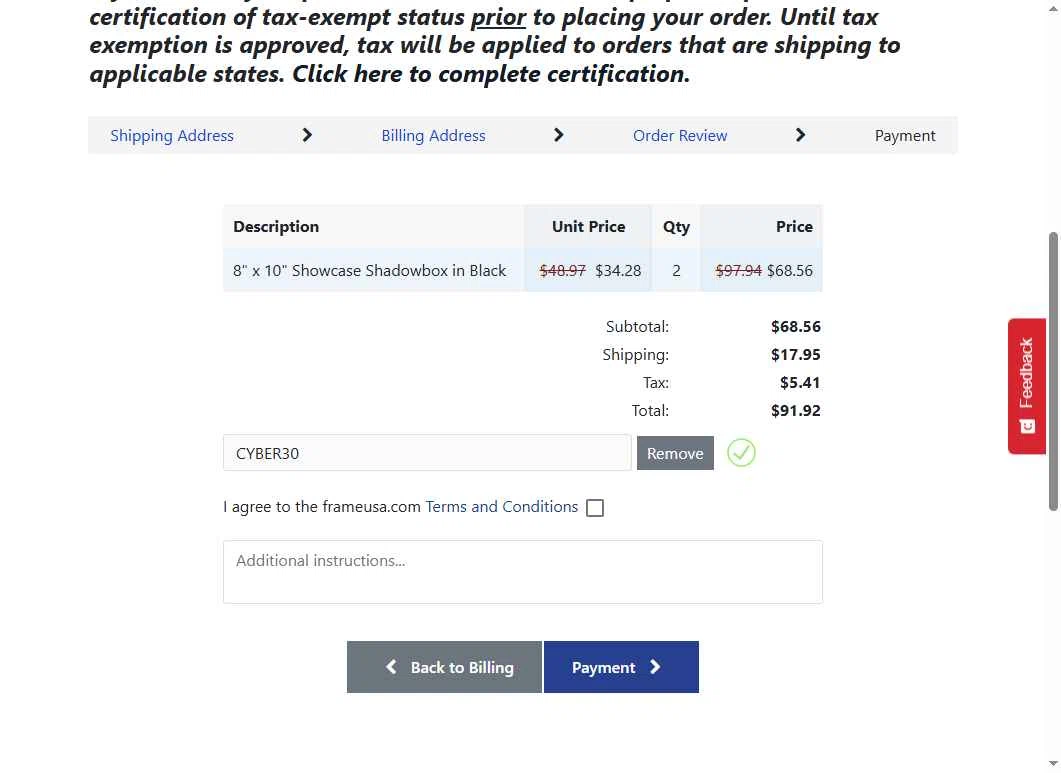 Frame USA checkout page showing Frame USA coupon code box | Screenshot taken by SimplyCodes community member on Nov 30, 2025