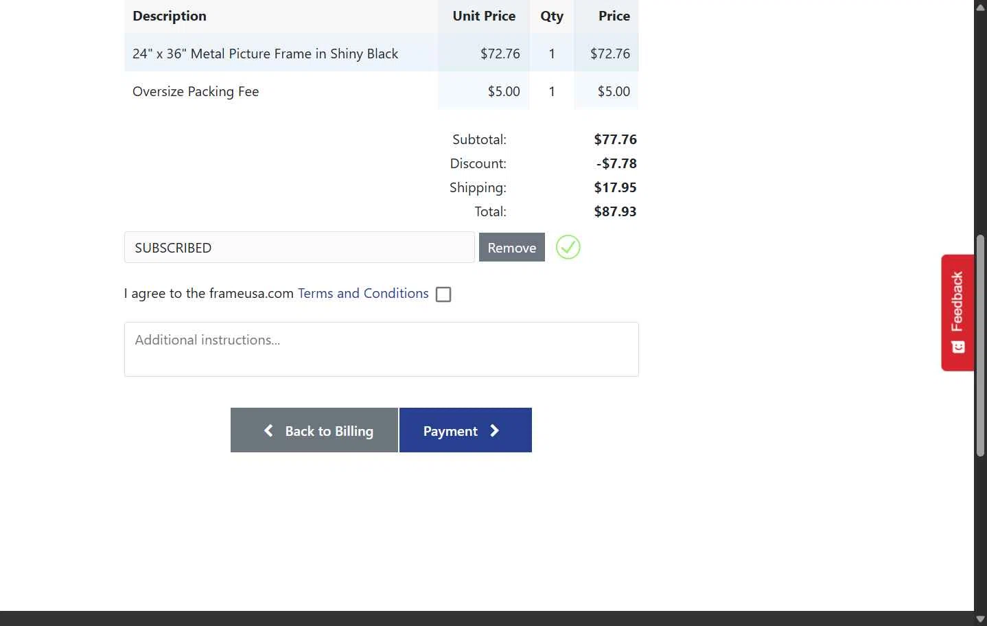 Frame USA checkout page showing Frame USA coupon code box | Screenshot taken by SimplyCodes community member on Feb 5, 2026