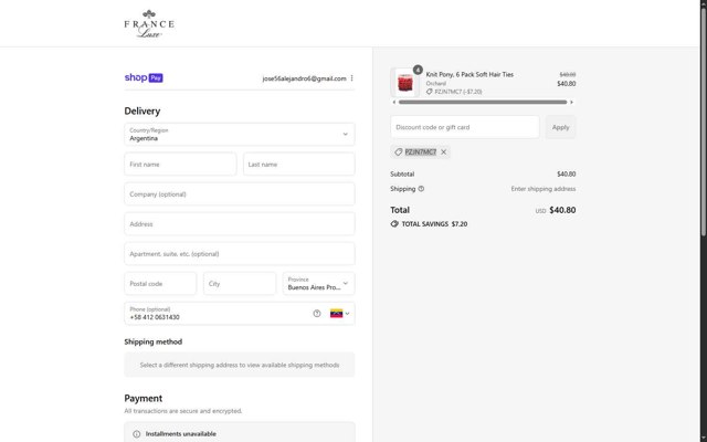France Luxe checkout page showing France Luxe promo code box | Screenshot taken by SimplyCodes community member on Aug 7, 2025
