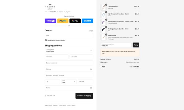 France Luxe checkout page showing France Luxe promo code box | Screenshot taken by SimplyCodes community member on Aug 5, 2025