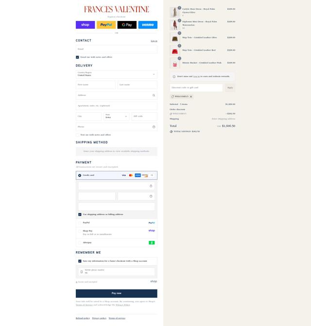 Frances Valentine checkout page showing Frances Valentine promo code box | Screenshot taken by SimplyCodes community member on Sep 8, 2025