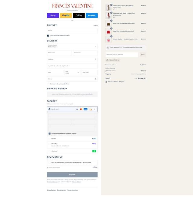 Frances Valentine checkout page showing Frances Valentine promo code box | Screenshot taken by SimplyCodes community member on Sep 8, 2025
