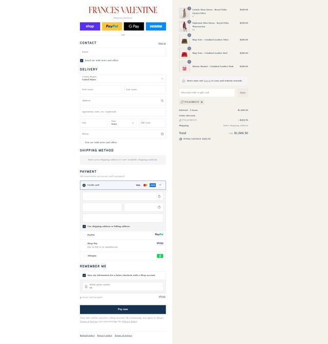 Frances Valentine checkout page showing Frances Valentine promo code box | Screenshot taken by SimplyCodes community member on Sep 12, 2025