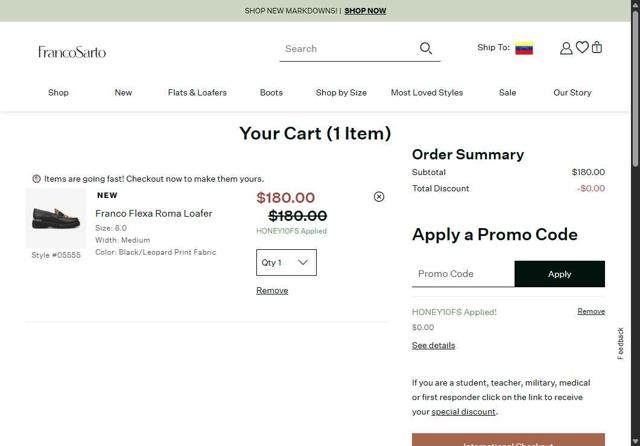 Franco Sarto checkout page showing Franco Sarto promo code box | Screenshot taken by SimplyCodes community member on Aug 3, 2025