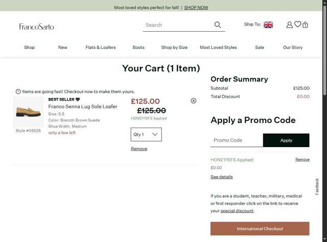 Franco Sarto checkout page showing Franco Sarto promo code box | Screenshot taken by SimplyCodes community member on Sep 4, 2025