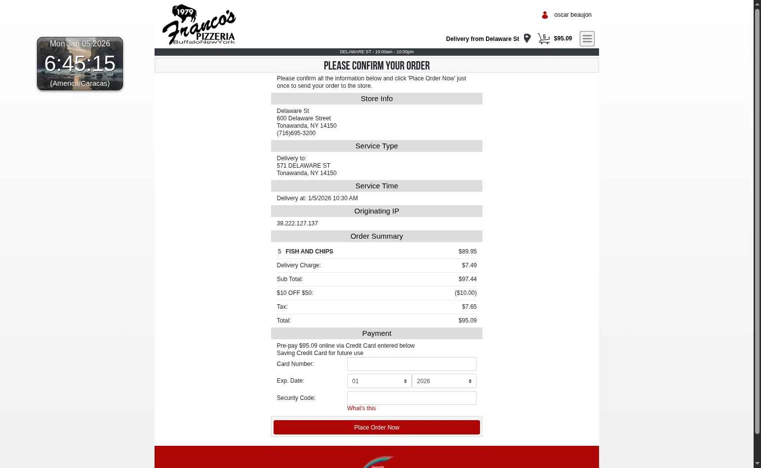 Franco's Pizza checkout page showing Franco's Pizza promo code box | Screenshot taken by SimplyCodes community member on Jan 5, 2026