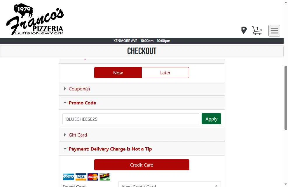 Franco's Pizza checkout page showing Franco's Pizza promo code box | Screenshot taken by SimplyCodes community member on Jan 7, 2026
