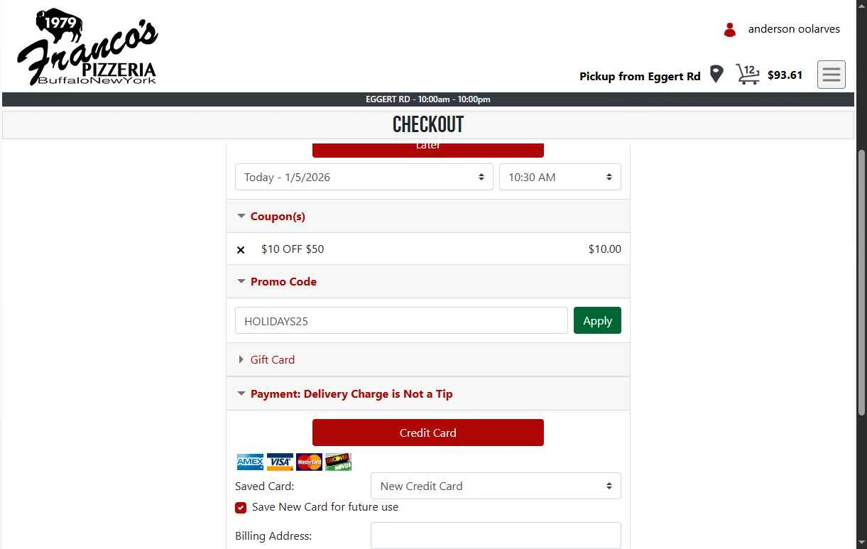 Franco's Pizza checkout page showing Franco's Pizza promo code box | Screenshot taken by SimplyCodes community member on Jan 5, 2026