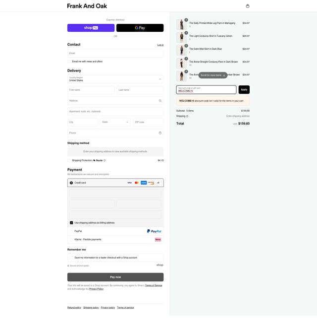 Frank & Oak checkout page showing Frank & Oak coupon code box | Screenshot taken by SimplyCodes community member on Apr 6, 2025