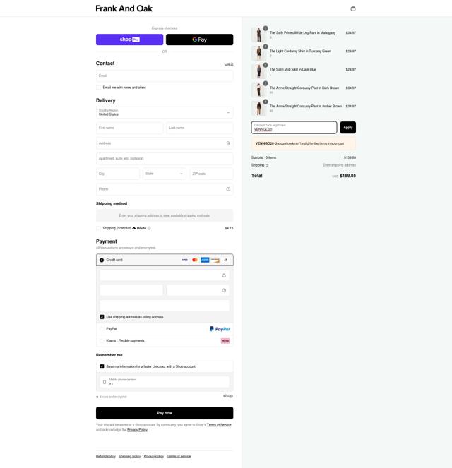 Frank & Oak checkout page showing Frank & Oak coupon code box | Screenshot taken by SimplyCodes community member on Apr 6, 2025