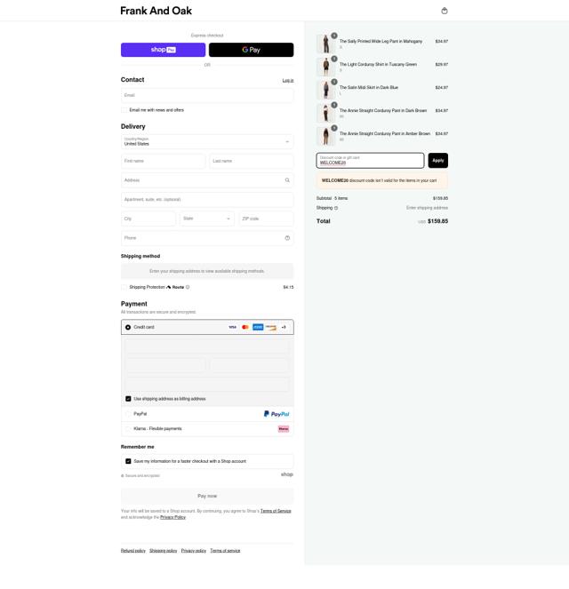 Frank & Oak checkout page showing Frank & Oak coupon code box | Screenshot taken by SimplyCodes community member on Apr 6, 2025