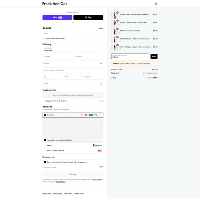 Frank & Oak checkout page showing Frank & Oak coupon code box | Screenshot taken by SimplyCodes community member on Apr 6, 2025
