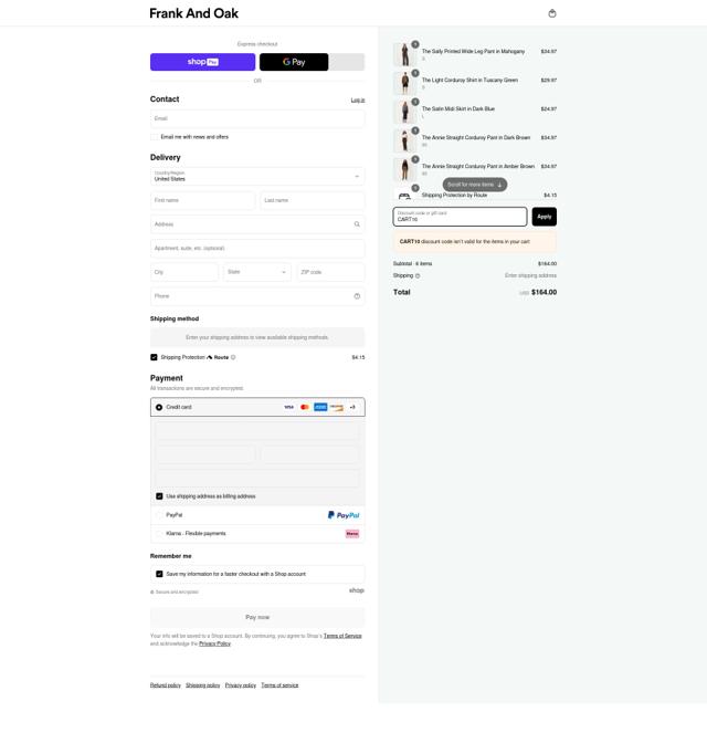 Frank & Oak checkout page showing Frank & Oak coupon code box | Screenshot taken by SimplyCodes community member on Apr 6, 2025