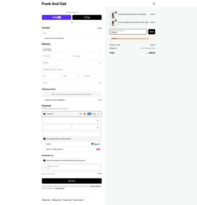 Frank & Oak checkout page showing Frank & Oak coupon code box | Screenshot taken by SimplyCodes community member on Apr 18, 2025