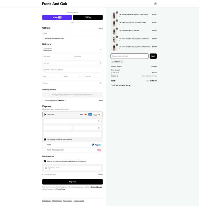 Frank & Oak checkout page showing Frank & Oak coupon code box | Screenshot taken by SimplyCodes community member on Apr 6, 2025