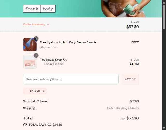 Frank Body checkout page showing Frank Body discount code box | Screenshot taken by SimplyCodes community member on Sep 8, 2025