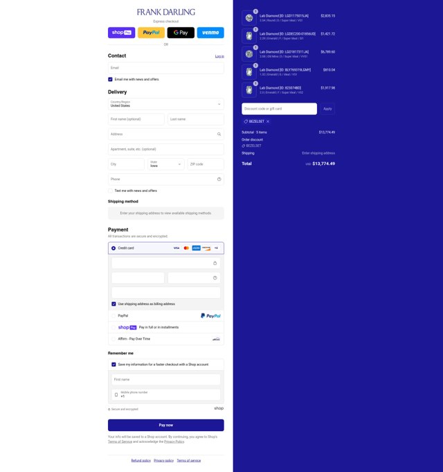 Frank Darling checkout page showing Frank Darling discount code box | Screenshot taken by SimplyCodes community member on Jul 26, 2025