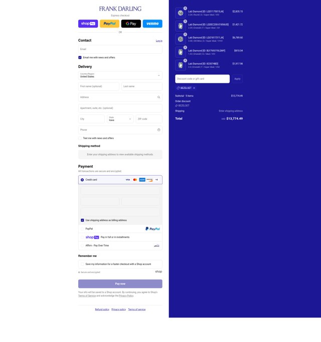 Frank Darling checkout page showing Frank Darling discount code box | Screenshot taken by SimplyCodes community member on Aug 7, 2025