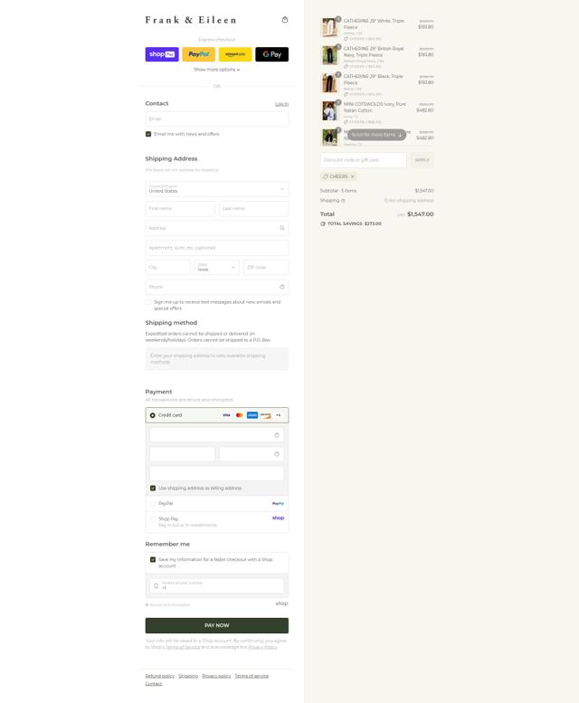 Frank & Eileen checkout page showing Frank & Eileen promo code box | Screenshot taken by SimplyCodes community member on Aug 22, 2025
