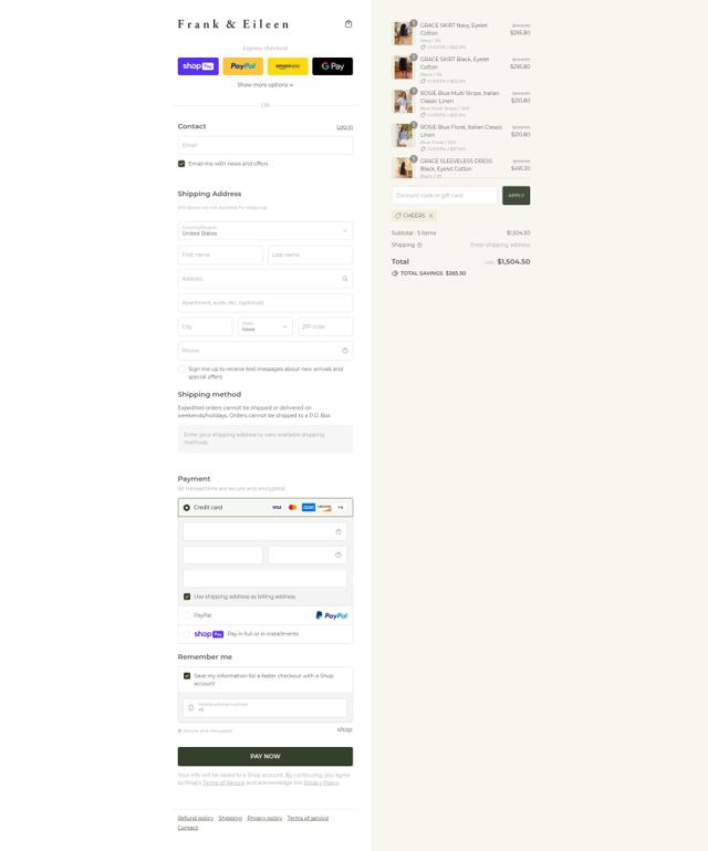 Frank & Eileen checkout page showing Frank & Eileen promo code box | Screenshot taken by SimplyCodes community member on Jul 31, 2025