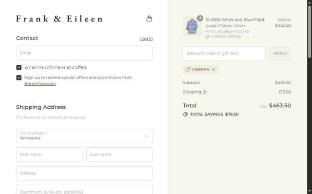 Frank & Eileen checkout page showing Frank & Eileen promo code box | Screenshot taken by SimplyCodes community member on Aug 4, 2025