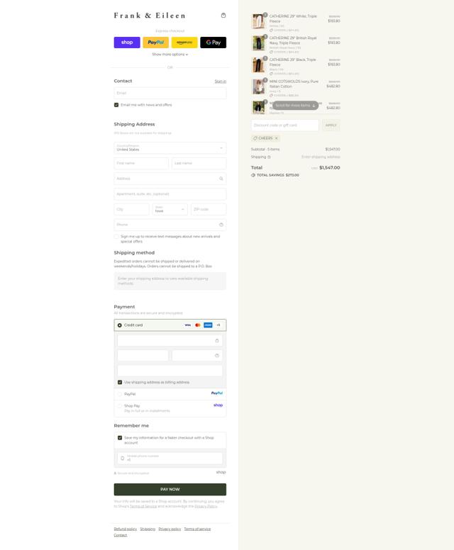 Frank & Eileen checkout page showing Frank & Eileen promo code box | Screenshot taken by SimplyCodes community member on Sep 12, 2025