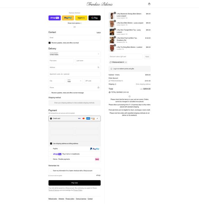 Frankies Bikinis checkout page showing Frankies Bikinis discount code box | Screenshot taken by SimplyCodes community member on Aug 11, 2025