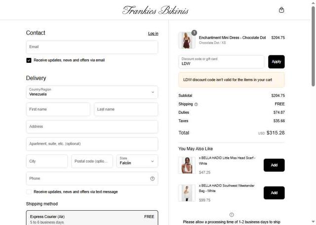 Frankies Bikinis checkout page showing Frankies Bikinis discount code box | Screenshot taken by SimplyCodes community member on Aug 28, 2025
