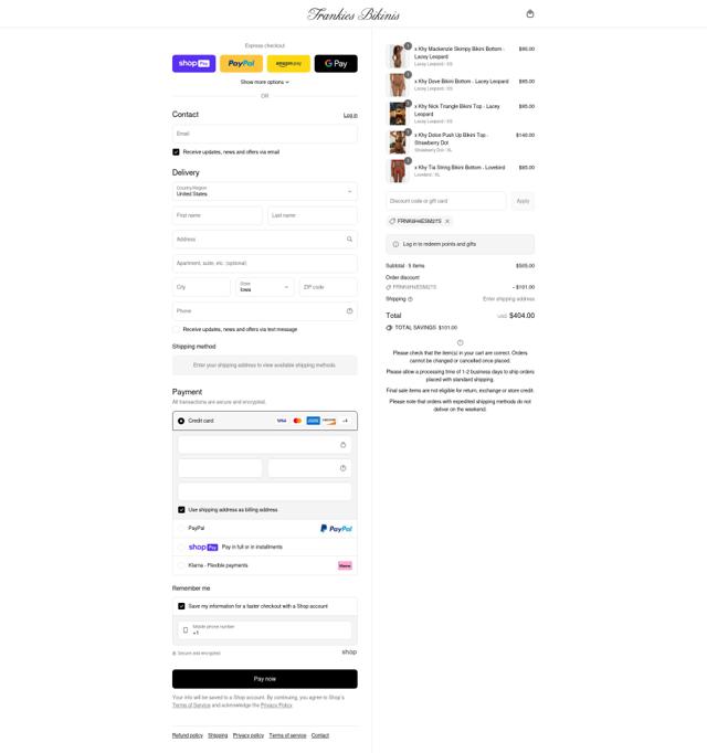 Frankies Bikinis checkout page showing Frankies Bikinis discount code box | Screenshot taken by SimplyCodes community member on Aug 7, 2025