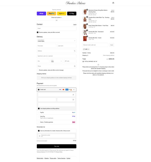 Frankies Bikinis checkout page showing Frankies Bikinis discount code box | Screenshot taken by SimplyCodes community member on Sep 2, 2025