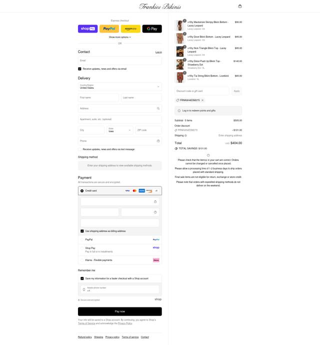 Frankies Bikinis checkout page showing Frankies Bikinis discount code box | Screenshot taken by SimplyCodes community member on Aug 20, 2025