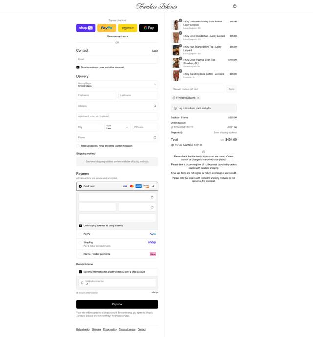 Frankies Bikinis checkout page showing Frankies Bikinis discount code box | Screenshot taken by SimplyCodes community member on Aug 15, 2025