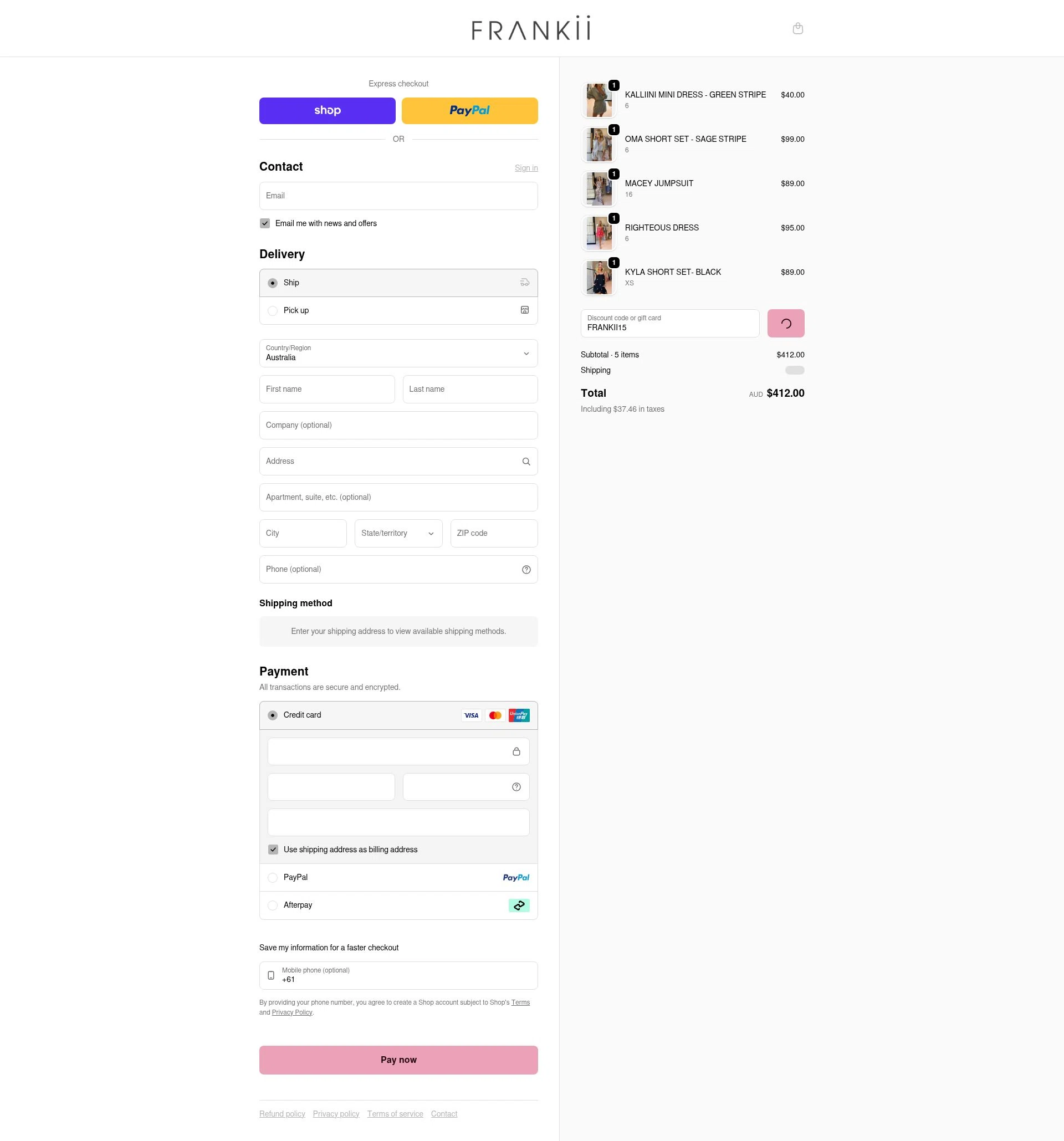 Frankii Clothing checkout page showing Frankii Clothing promo code box | Screenshot taken by SimplyCodes community member on Feb 8, 2026