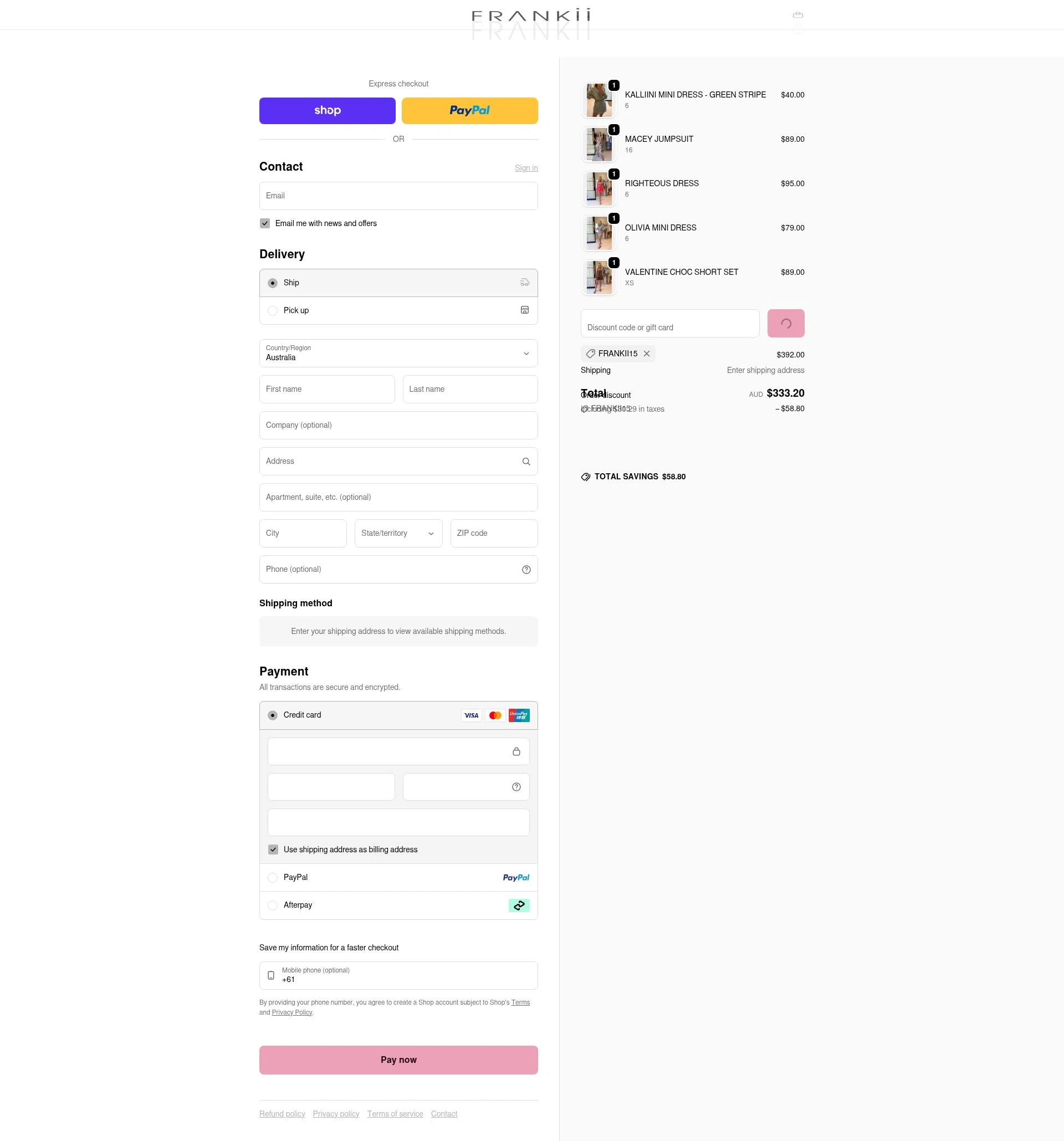 Frankii Clothing checkout page showing Frankii Clothing promo code box | Screenshot taken by SimplyCodes community member on Feb 17, 2026